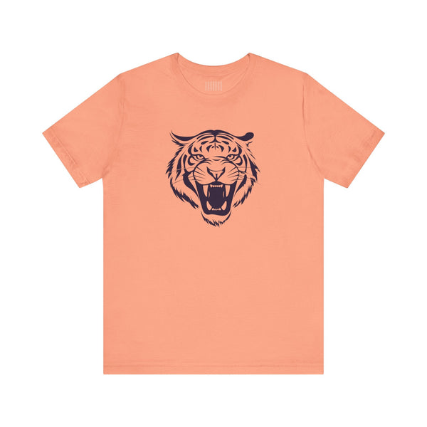 Peach graphic tee with jumbo roaring tiger head print, casual breathable cotton shirt