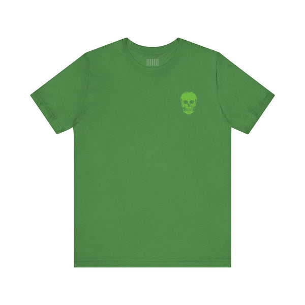 green streetwear t shirt with small green skull graphic on chest by Fugitive