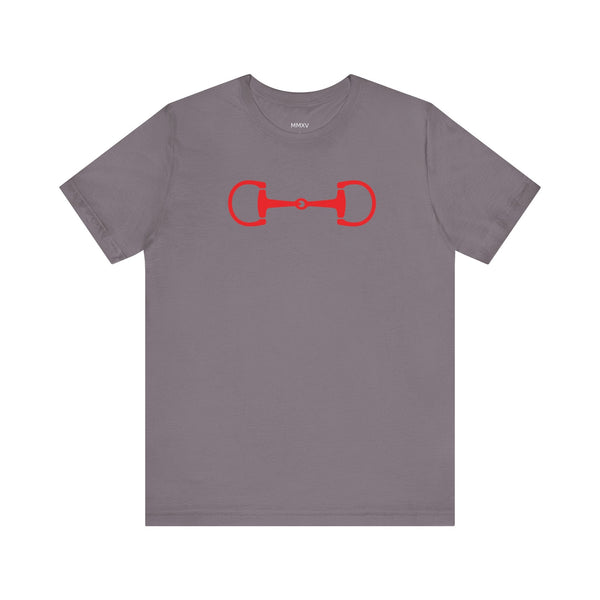 Gray equestrian t-shirt with red horse bit graphic front design