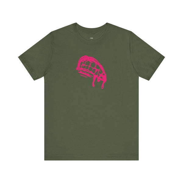 Olive green vampire t shirt with bold pink dripping fangs graphic for edgy streetwear style