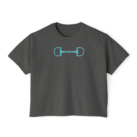 Dark gray boxy tee with aqua horse bit graphic, vintage pigment dye, equestrian clothing style