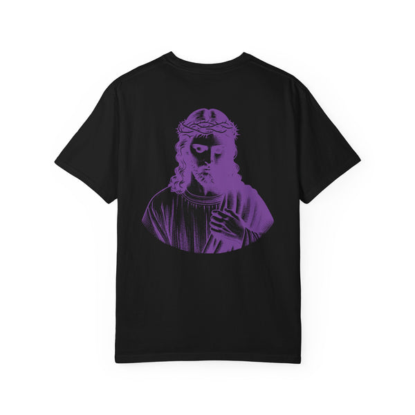 Black tee with large purple Jesus graphic on the back, bold religious shirt streetwear style by Sandra Oles.