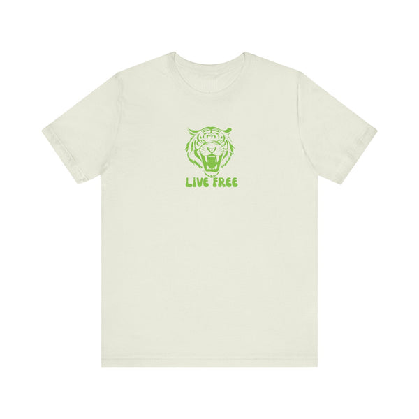 unisex green live free streetwear tiger graphic tee with retro design on white background