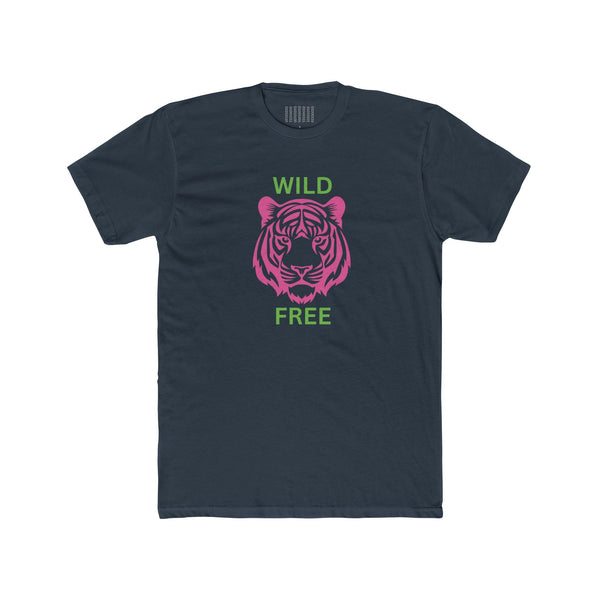 Wild and Free graphic tee with neon pink tiger and lime green text on black cotton shirt