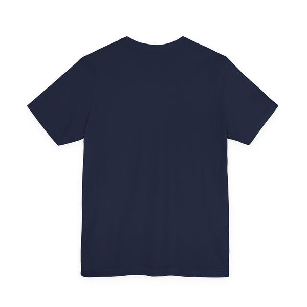 Back view of plain navy blue cotton vampire t shirt with crew neckline