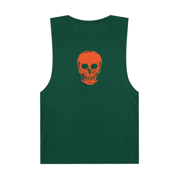 Green grunge inspired tank top with bold orange skull graphic and raw sleeve edges.