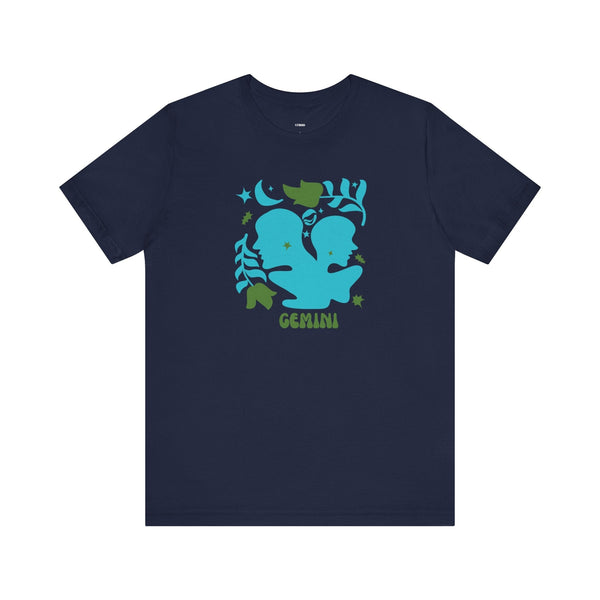 Navy blue zodiac t shirt with retro blue Gemini twin graphic and green accents, made of breathable cotton.