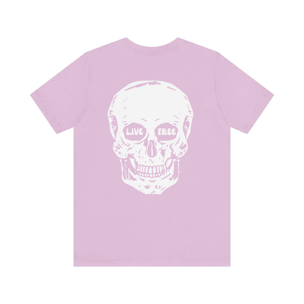 Light purple streetwear t-shirt with a large white skull graphic on the back featuring "Live Free" text in the eye sockets.