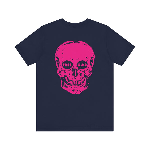 Navy tee with large pink skull back print saying "Free Mind" edgy statement streetwear graphic design
