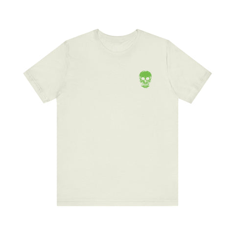 white streetwear t shirt with small green skull graphic on chest
