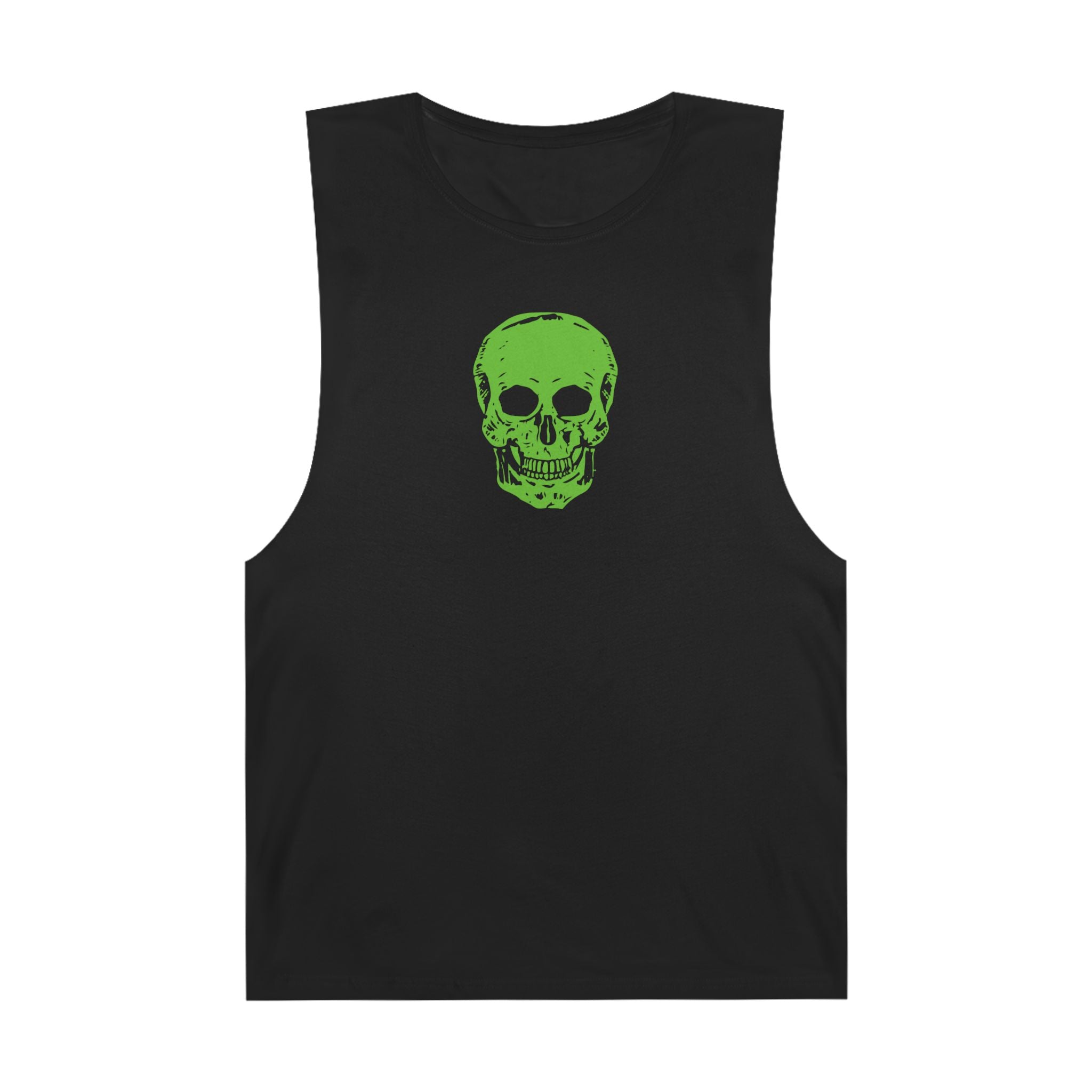 Black goth skull tank top with bold green skull graphic, edgy muscle tee for alternative streetwear.