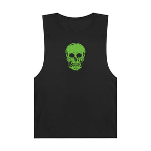 Black goth skull tank top with bold green skull graphic, edgy muscle tee for alternative streetwear.