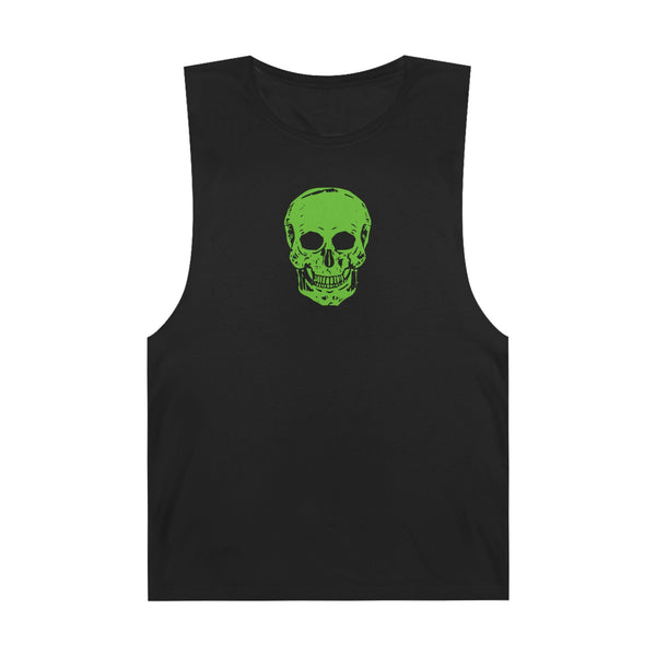 Black goth skull tank top with bold green skull graphic, edgy muscle tee for alternative streetwear.