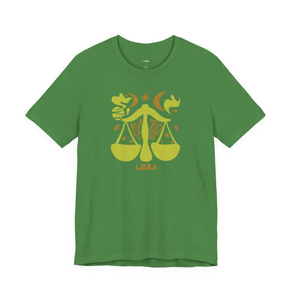 Green unisex Libra t shirt with yellow artistic balance scales and celestial zodiac design.