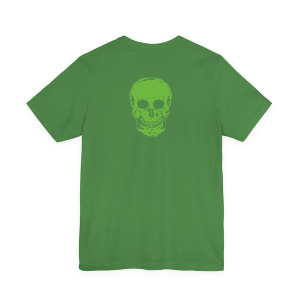 Green designer skull t-shirt with bold detailed skull graphic on the back in streetwear style