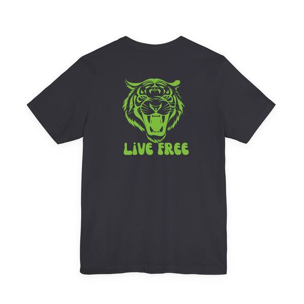 black tee with vintage tiger green graphic and live free text back print