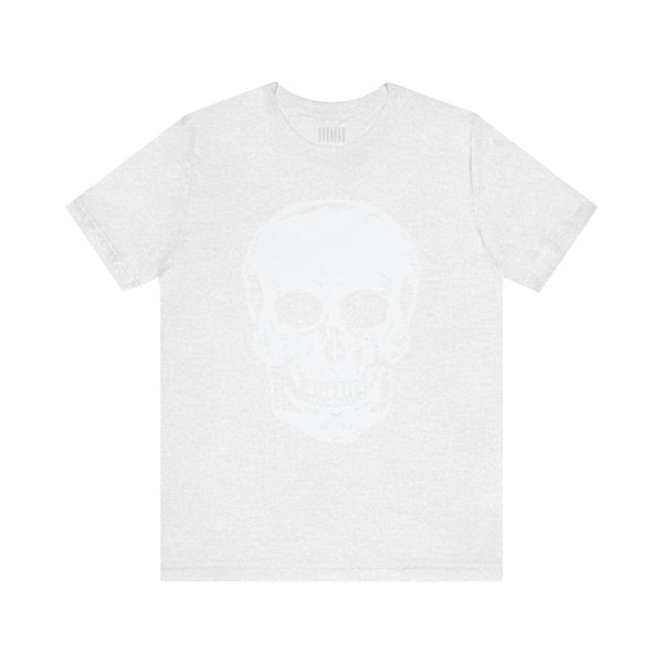 White graphic tee with jumbo skull print, classic fit, and structured seams from Fugitive Collection by Sandra Oles