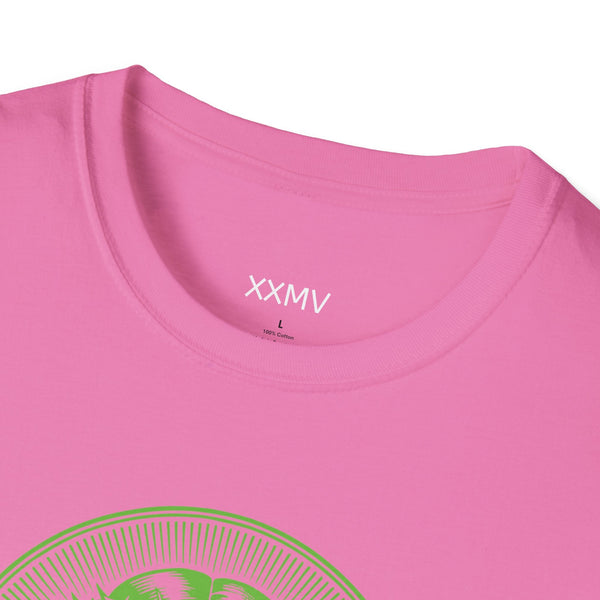 pink spiritual shirt with green jumbo halo Jesus front print graphic design