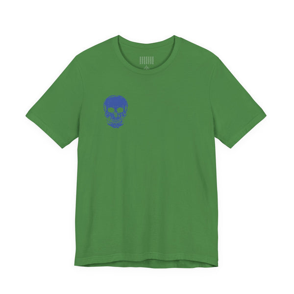 Green graphic tee shirts with small blue skull print on front and jumbo skull design on the back, made of soft cotton.