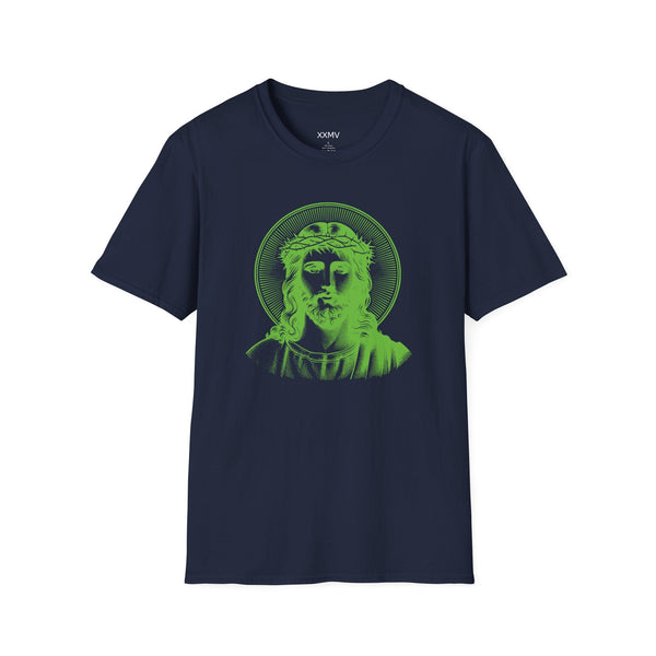 Navy spiritual shirt with bright green halo Jesus front print, unisex casual tee made of soft breathable cotton
