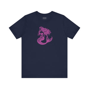 Navy unisex t-shirt featuring magenta mermaid siren graphic, Mythical by Sandra Oles, breathable fabric mermaid t shirt