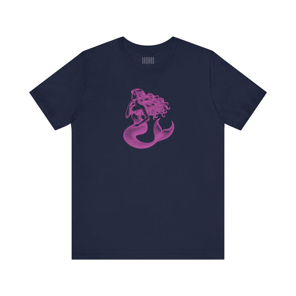 Navy unisex t-shirt featuring magenta mermaid siren graphic, Mythical by Sandra Oles, breathable fabric mermaid t shirt