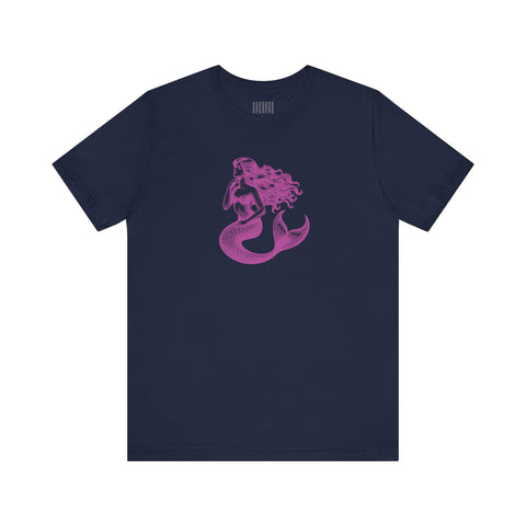 Navy unisex t-shirt featuring magenta mermaid siren graphic, Mythical by Sandra Oles, breathable fabric mermaid t shirt