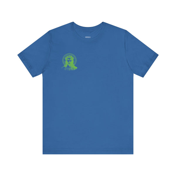 Green Mini Jesus With Halo Left Front Print Graphic Tee - Iconic by Sandra Oles