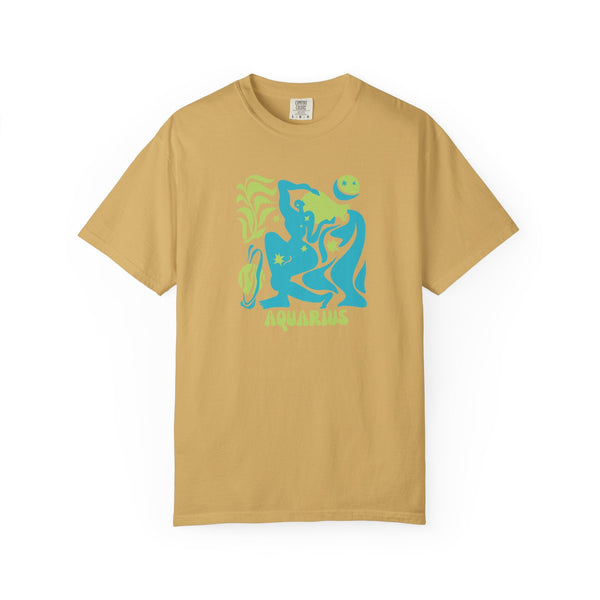 Tan Aquarius zodiac graphic tee with vibrant aqua blue and green water-bearer cosmic design