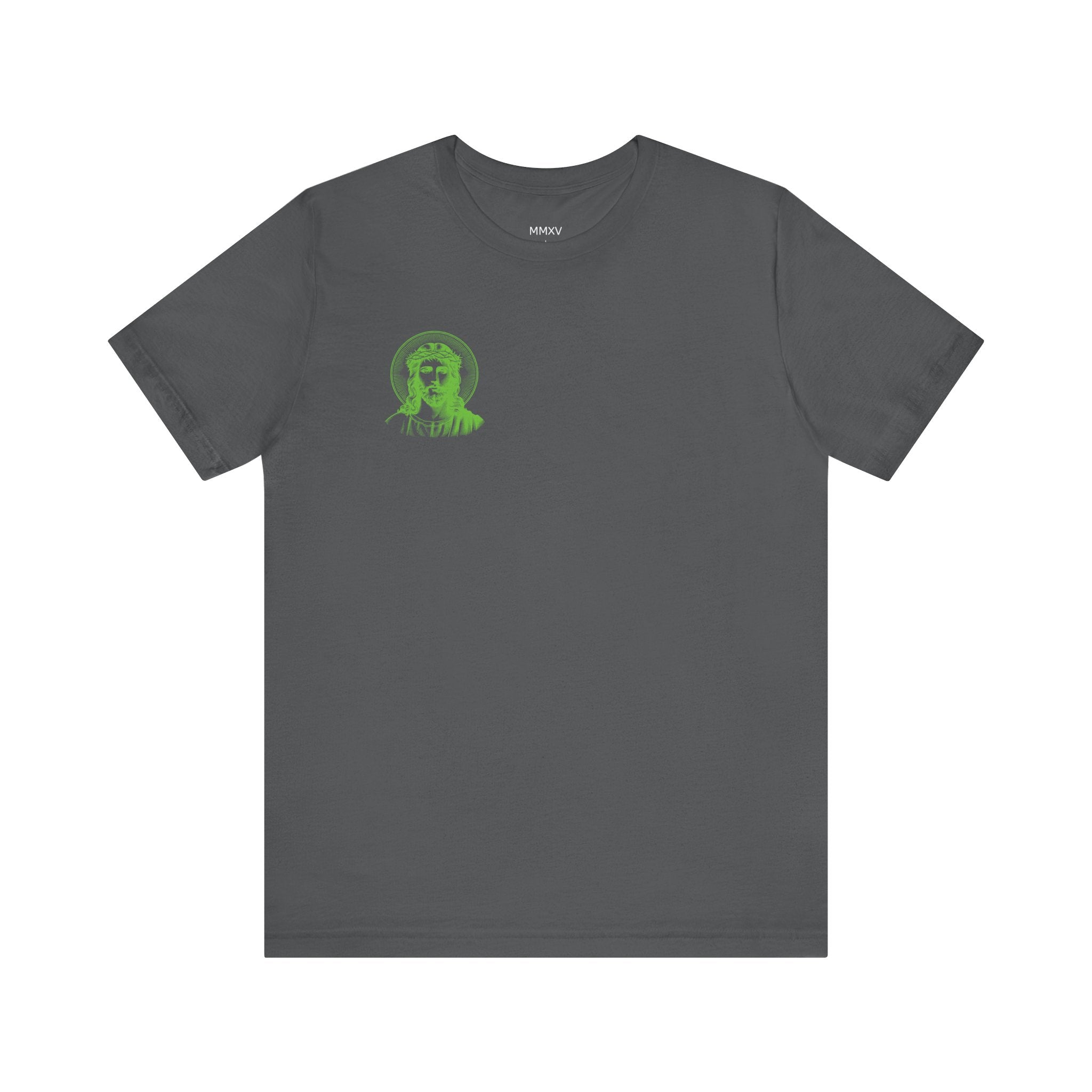 Dark gray Jesus graphic tee with a small green halo Jesus print on front left chest, premium cotton streetwear shirt.