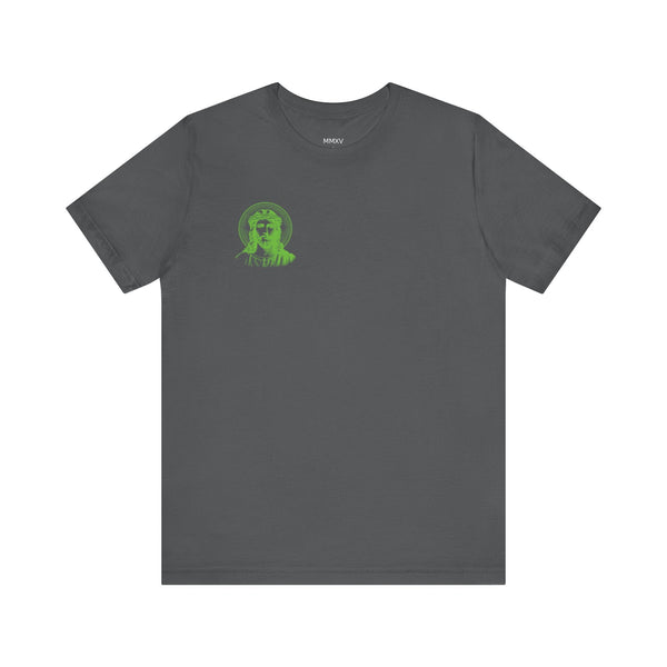 Dark gray Jesus graphic tee with a small green halo Jesus print on front left chest, premium cotton streetwear shirt.