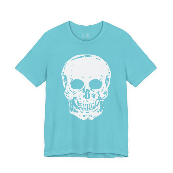 Light blue t shirt with a skull graphic on front, bold streetwear style design.