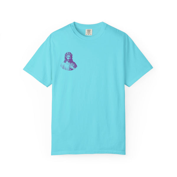 Light blue tee with small purple Jesus graphic on front left chest