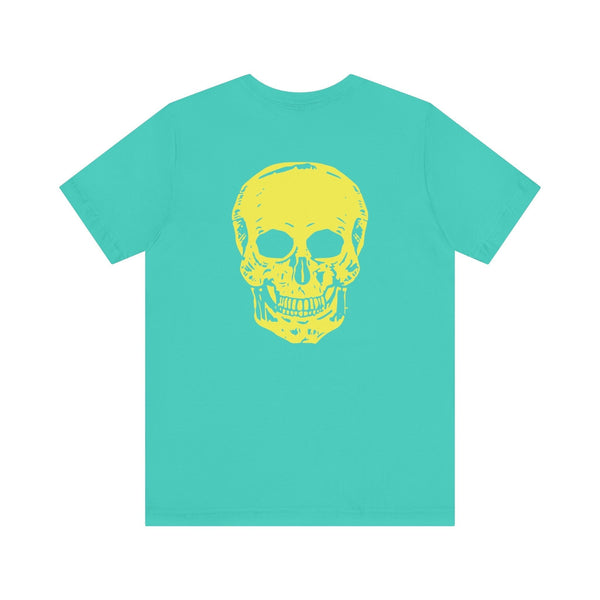 Turquoise underground style tee with jumbo yellow skull graphic on the back