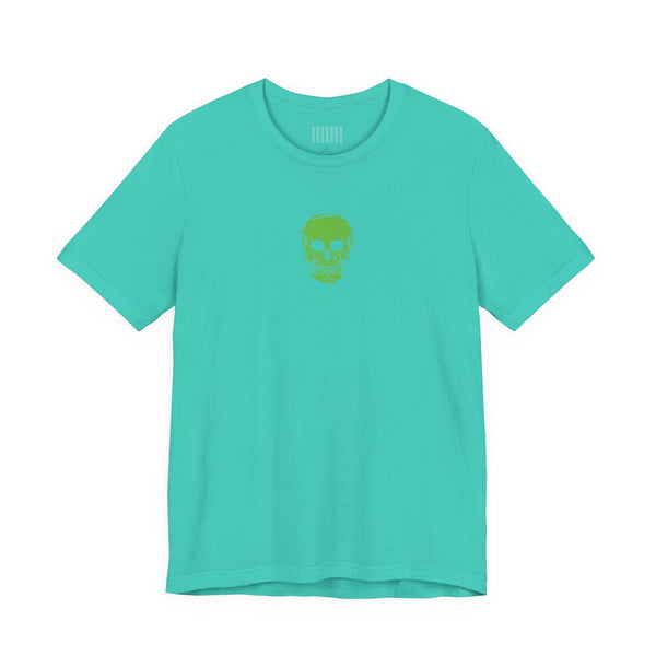 Turquoise urban streetwear t-shirt with a mini green skull graphic centered on the chest.