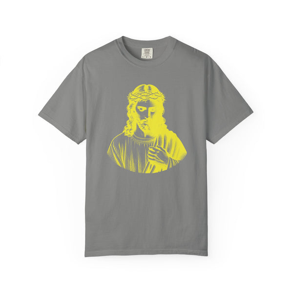 Gray unisex tee with yellow Jesus Crown of Thorns graphic, religious graphic tee