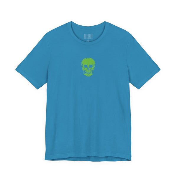 blue urban streetwear t-shirt with centered mini green skull graphic