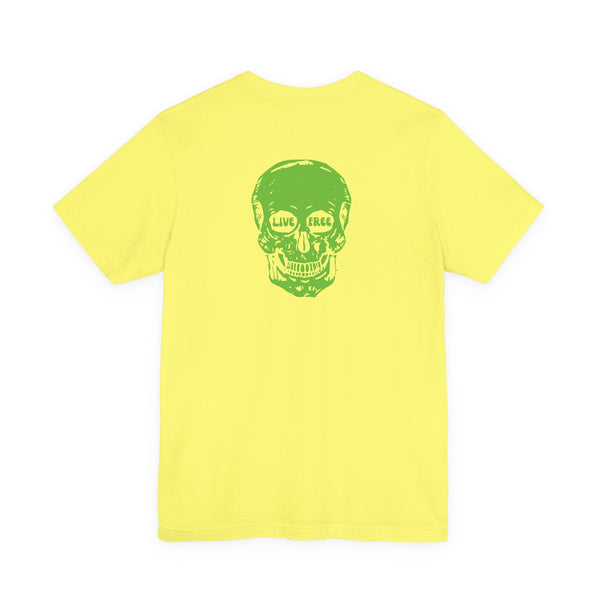 Yellow T-shirt with green neon skull print and "live free" text in eye sockets back design skull print t-shirt