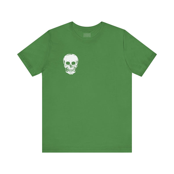 Green skull graphic t-shirt with small white skull print on front left chest in streetwear style