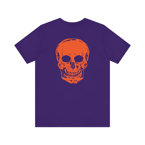 Orange Jumbo Skull Back Print featuring a Mini Orange Skull left Front Graphic Tee