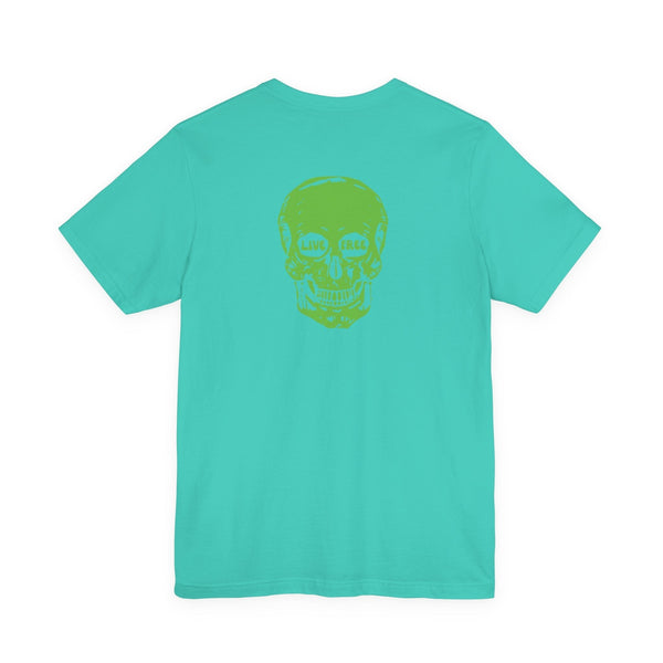 Turquoise streetwear t-shirt with bold green "Live Free" skull graphic on the back