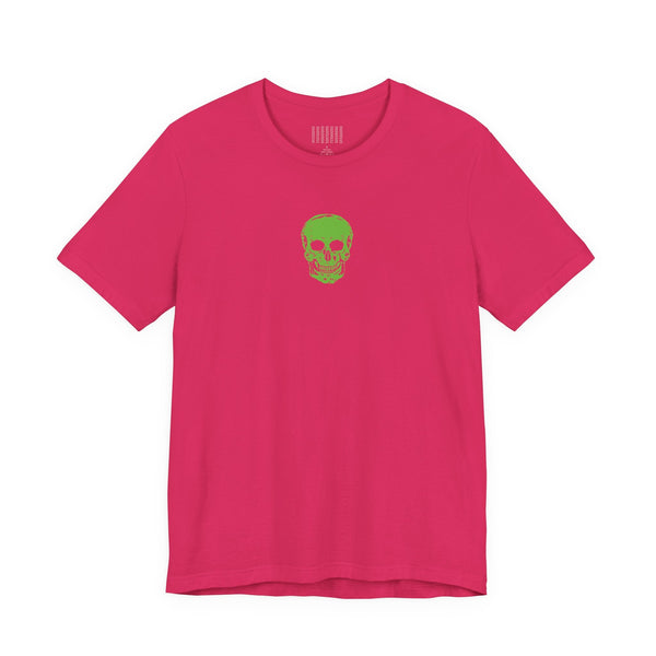 Pink urban streetwear t-shirt with a small green skull graphic centered on the chest