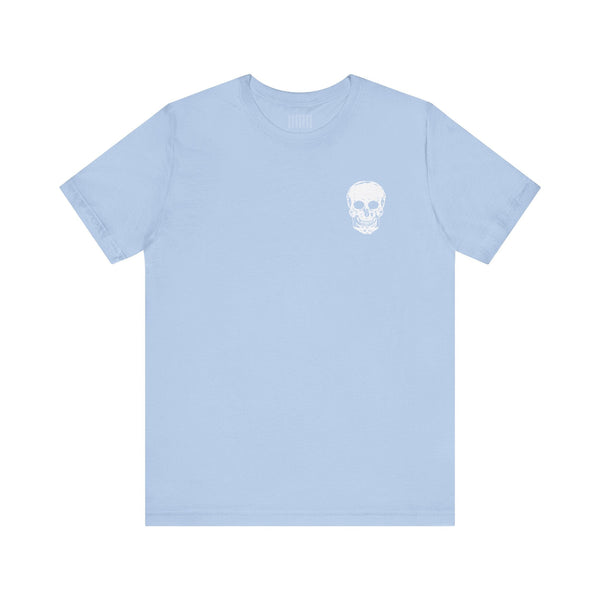 Light blue unisex skull t shirt with small white skull chest print, minimal streetwear design