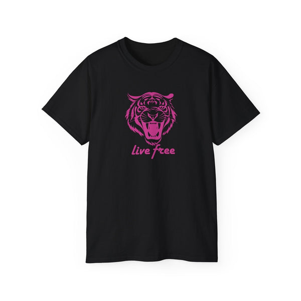 Pink “Live Free” Jumbo Retro Roaring Tiger Head Graphic Tee - Fugitive by Sandra Oles
