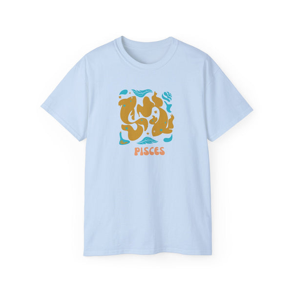 Light blue Pisces t-shirt with artistic zodiac fish graphic and Pisces text, made from soft cotton for astrology lovers.