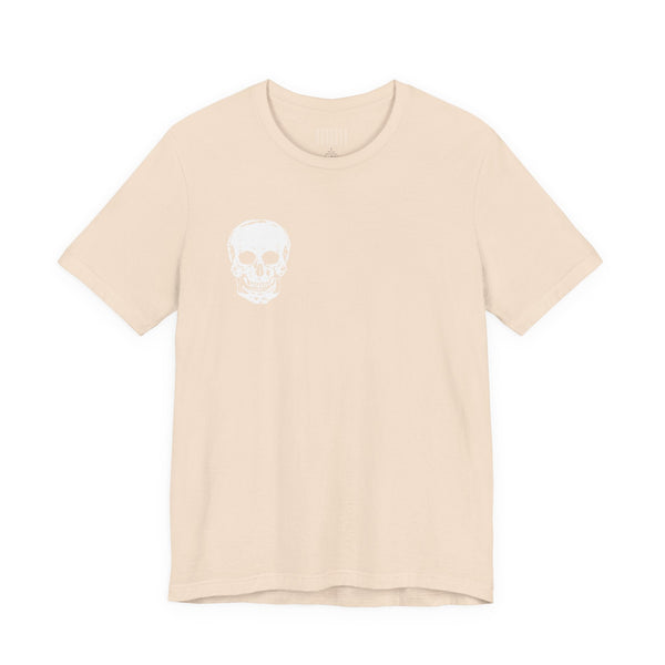Beige cotton t-shirt featuring a small white skull graphic on the left chest and a large white skull design on the back.