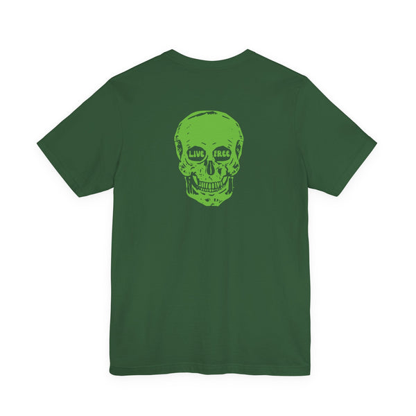 Green unisex skull print t-shirt with neon green "live free" graphic on back