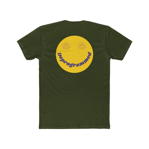 Dark green graphic tee with yellow 1990's rave style deprogrammed smiley face print on the back