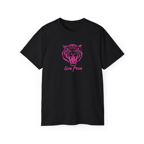Black statement tee with pink roaring tiger head graphic and "Live Free" text