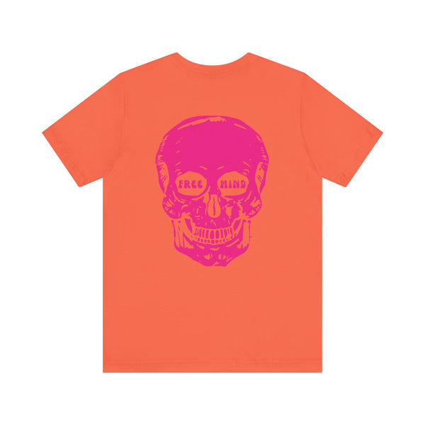Pink graphic tee with large free mind jumbo skull print on back statement streetwear